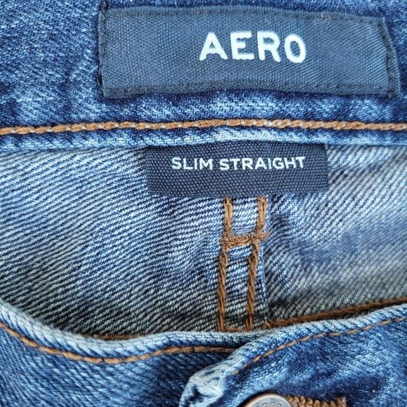 Men's Aero Slim Straight  Distressed Denim Blue Jeans Sz 30x32 - Picture 5 of 15